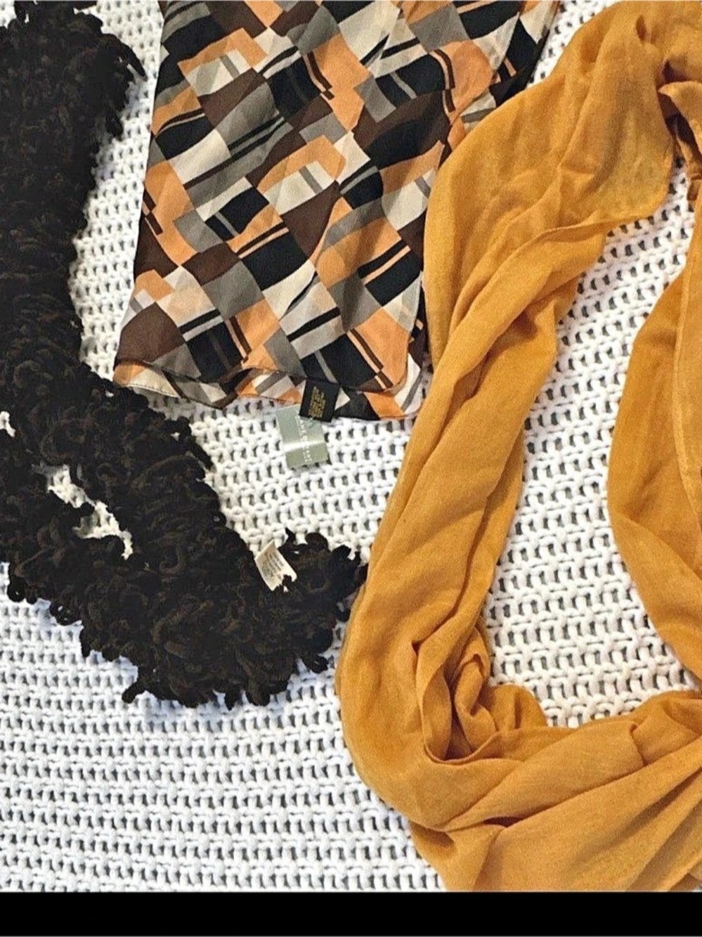 Geometric Scarf Set in Brown & Gold fall colors lot of 3 made in Italy Lane Brya